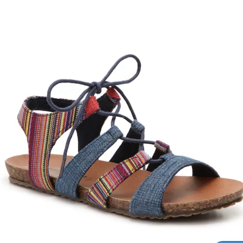 Minnetonka Women’s Elsie Woven Sandal Size 7 Denim Colorful Lace Up Boho Cork